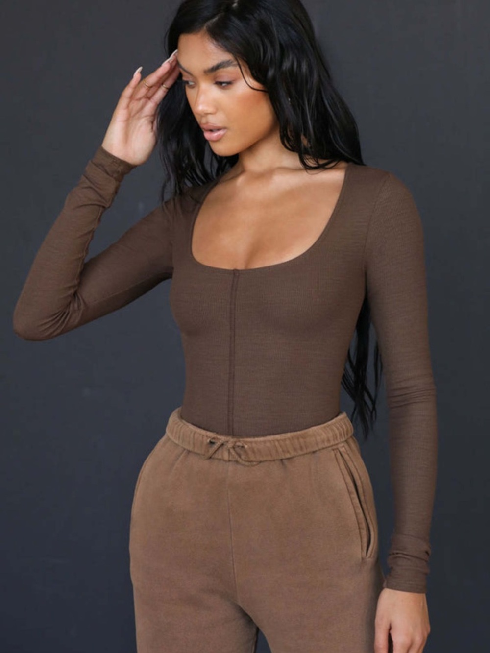 Joah Brown classic scoop Chocolate Brown Long-Sleeve Ribbed Top